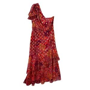 NWOT Maggie London Size 10 One Shoulder Pink Orange Gold Sparkle Ruffle Dress